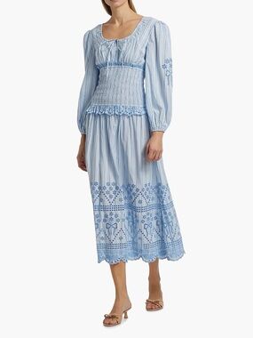 Damson Madder Nola Light Blue Embroidered Midi Dress NWOT
